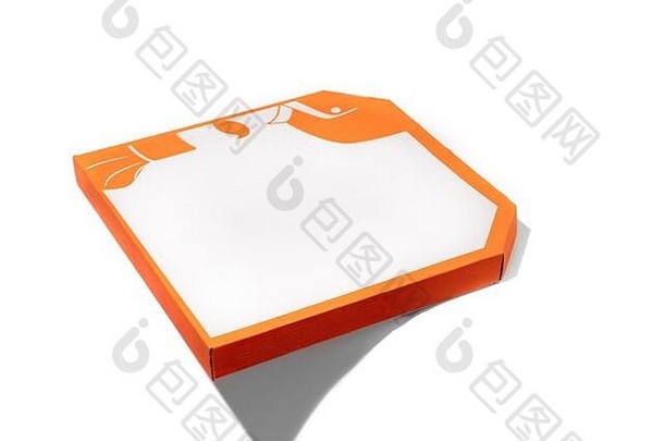 在白色工作室背景上用copyspace隔离的纸箱橙色比萨饼盒的特写镜头。快餐和传统食品及营养，送货包装，装运箱，运输。