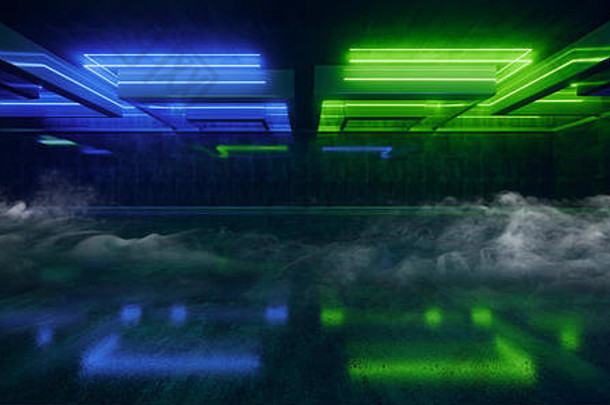 烟雾雾激光表演俱乐部暗霓虹科幻未来复古绿蓝色发光天花板灯混凝土垃圾车库舞台隧道室大厅3D Re