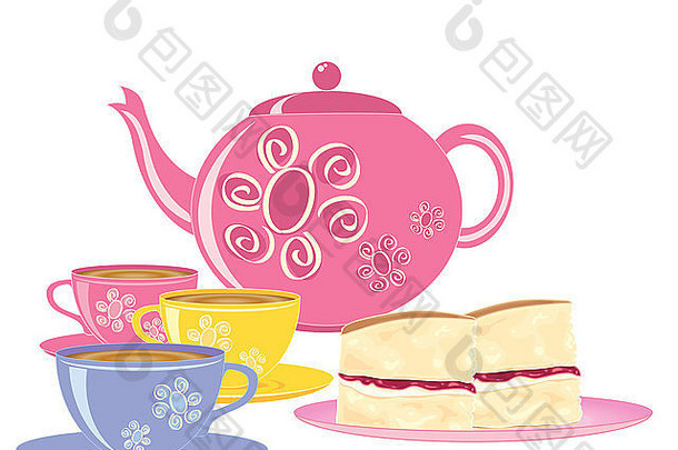 一个粉红色茶壶的插图，配上相配的茶杯和一盘白色背景上的维多利亚海绵蛋糕