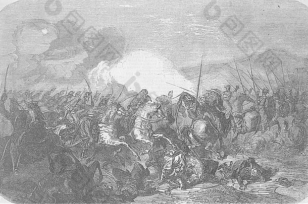 1856年，乌克兰Chasseurs冲锋哥萨克，拜达尔山谷。插图时代