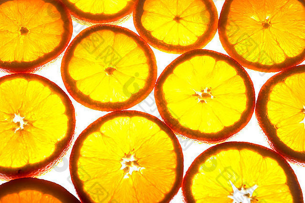 橙色水果片背景，特写