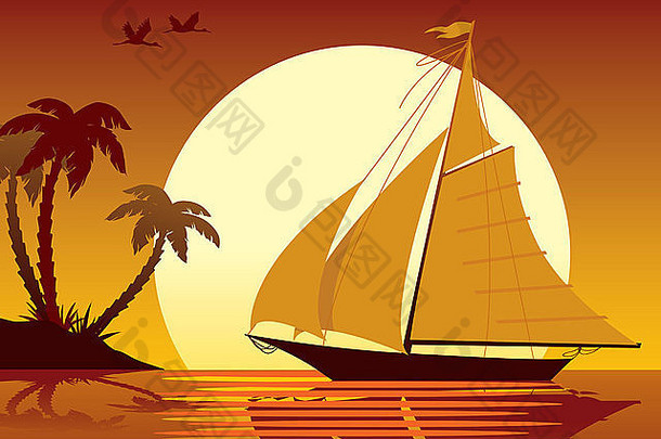 航海热带假期：船、日落、岛屿和棕榈