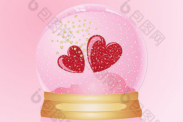 这是一幅情人节圆顶的插图，圆顶上有红色和金色的心形图案，黄铜底座上有一阵阵雪花