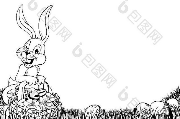 复活节兔子场景黑色的白色完美的印刷复印着色