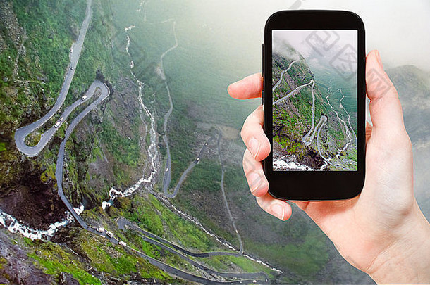 旅行概念旅游采取照片trollstigen巨魔路径蜿蜒的山路挪威移动小工具