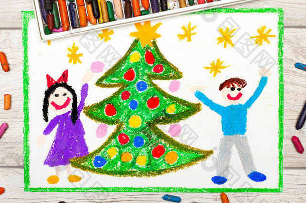 彩绘照片：幸福夫妻和圣诞树