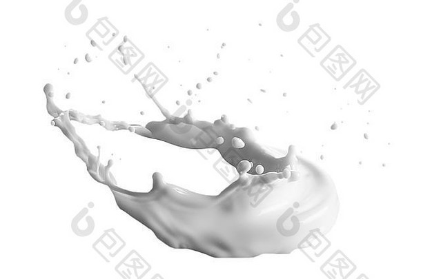牛奶溅在白色背景上。
