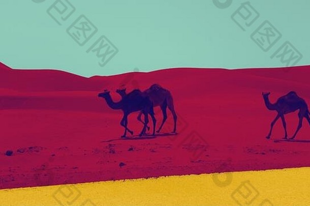 骆驼双色版充满活力的大胆的超紫罗兰色的粉红色的黄色的绿色梯度全息颜色概念艺术摘要背景