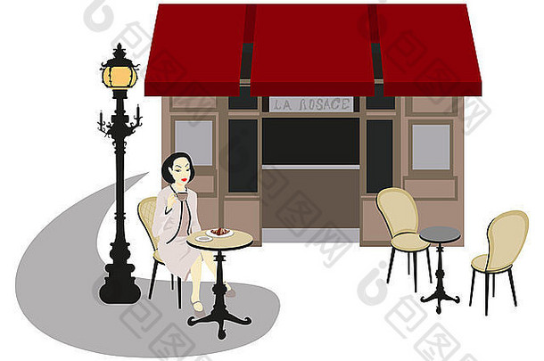 插图女人坐着咖啡馆巴黎