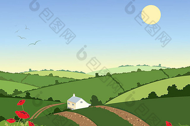 这是一幅乡村小屋的插图，在蓝天下，山峦起伏，树篱丛生，鲜花盛开