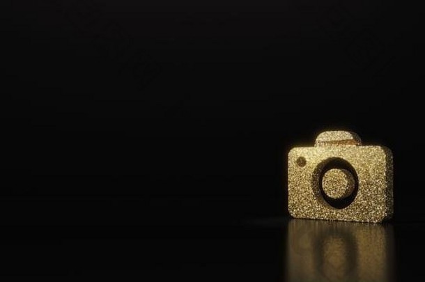 黄金闪闪发光的象征照片相机呈现黑暗黑色的背景模糊反射闪光