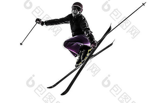 一名女子滑雪运动员在白色背景上以剪影跳跃