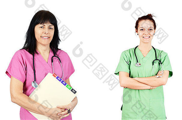 友好的女医生护士粉红色的绿色实习医生风云孤立的白色