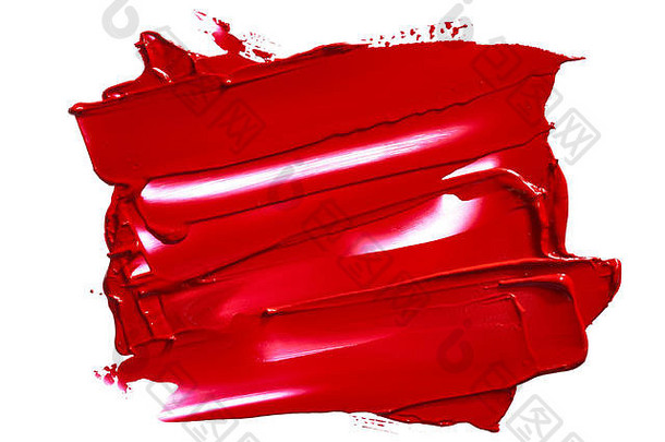 白色背景下红色唇膏或丙烯酸漆的涂抹和质地。