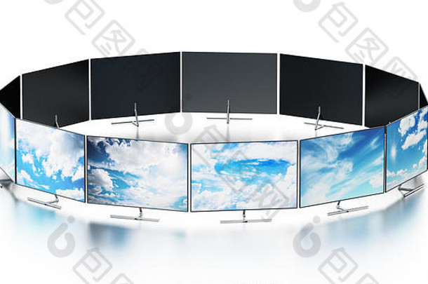 圆形排列的现代电视屏幕的墙壁。三维插图。