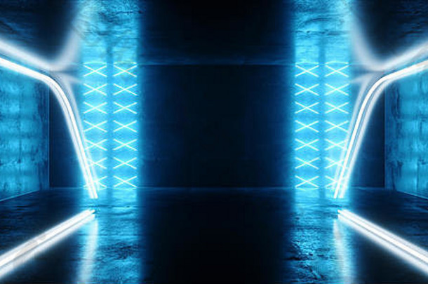 sci未来主义的霓虹灯领导激光发光的现代优雅的空黑暗充满活力的蓝色的发光的阶段讲台上灯反光难看的东西混凝土隧道对应