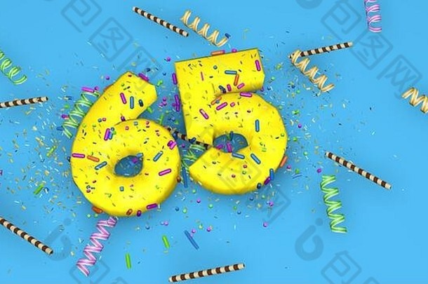 生日、周年纪念日或促销的65号，蓝色背景上用厚厚的黄色字母写着，上面装饰着糖果、彩带、巧克力吸管和糖果