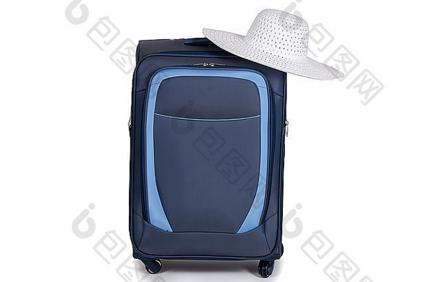 白色背景上隔离的旅行箱和帽子
