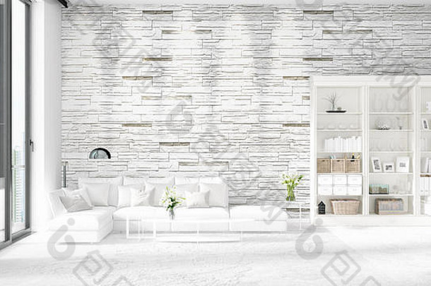 时尚的现代阁楼内部，白色沙发和水平布置的文案空间。三维渲染。