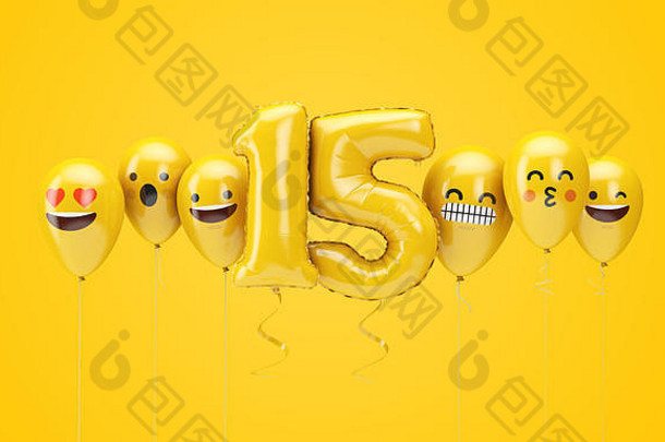 15号黄色生日表情符号面对气球。三维渲染