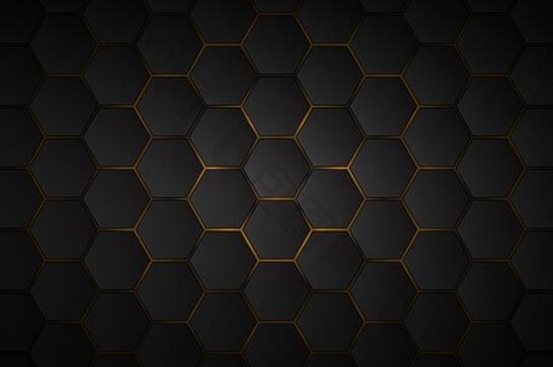 黑色六边形瓷砖的抽象背景，中间有黄色间隙