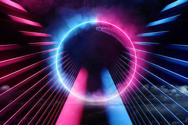 圆迷幻sci烟霓虹灯激光宇宙飞船未来黑暗走廊发光的蓝色的紫色的红色的混凝土难看的东西走廊虚拟充满活力的荧光