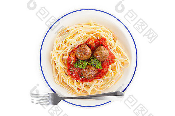 加番茄酱和肉丸的意大利面。传统的地中海饮食。