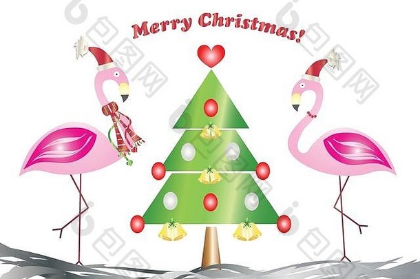 圣诞快乐卡-两只火烈鸟爱上了圣诞树