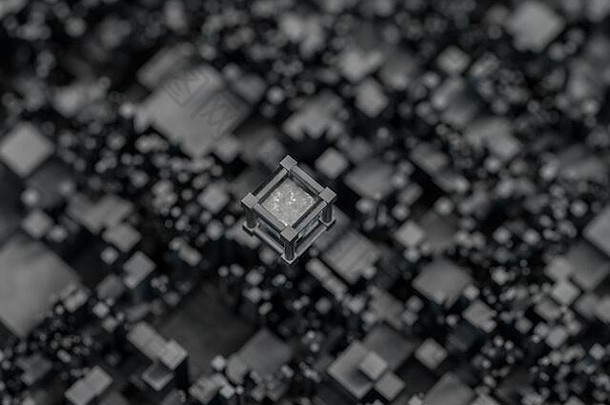 随机分布的立方体，工业背景，3d渲染。计算机数字绘图。