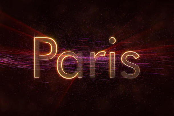 巴黎-法国城市名称文字动画-闪烁的光线在文字边缘循环，背景上有旋转和流动的星星