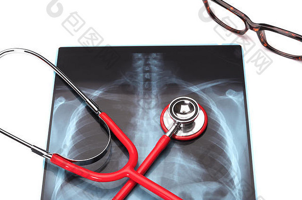 世界卫生日医疗保健和医学x射线胶片红色听诊器健康和保险概念-隔离