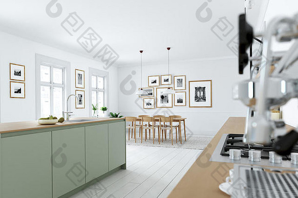 阁楼公寓的现代<strong>北欧</strong>厨房。三维渲染