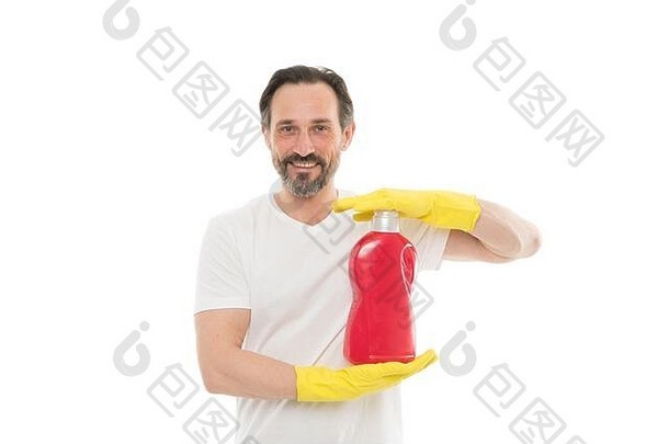 更清洁的广告洗涤剂清洁首页清洁服务工作概念清洁公司工作人员瓶洗涤剂有胡子的男人。清洁设备成熟的男人。穿橡胶手套