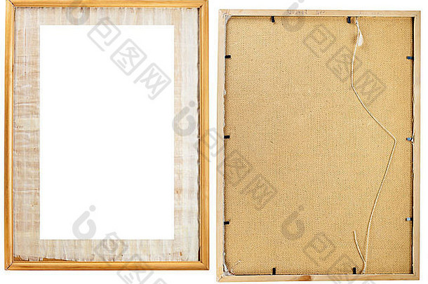 旧的脏曲线相框，用于照片，从纸莎草上分出来，前后视图。白色隔离