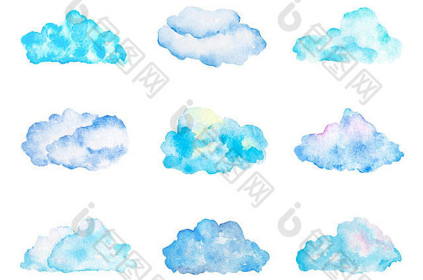 集明亮的光蓝色的水彩云孤立的白色手画画