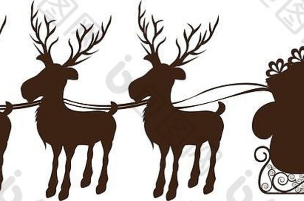 单色剪影搭配三只驯鹿和带礼物的雪橇