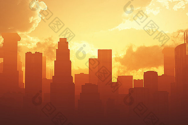 巨大的烟雾弥漫的大都市日落日出艺术作品插图