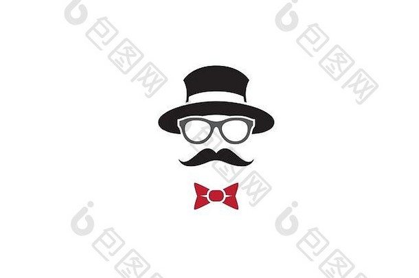 带眼镜和小胡子的圆顶礼帽，系上蝴蝶结作为标志