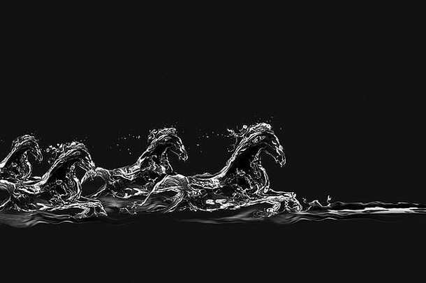 一组由水组成的马，在黑色背景下在水中奔驰。