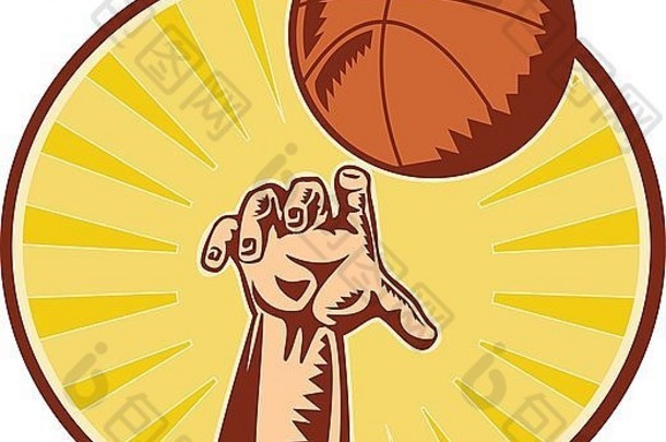 插图手捕捉扔反弹篮球球复古的木刻风格集内部圆的阳光背景