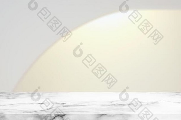 抽象豪华白色大理石桌子，带照明背景墙。