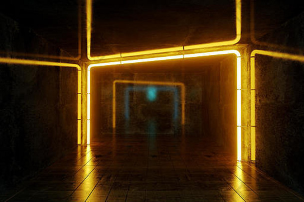 摘要未来主义的sci混凝土房间橙色发光的霓虹灯灯反射空间文本呈现插图