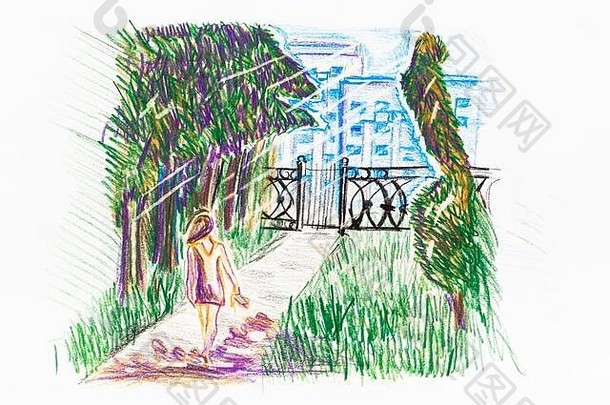城市公园门口的女人和夏天公寓的景色用彩色铅笔在白纸上手绘
