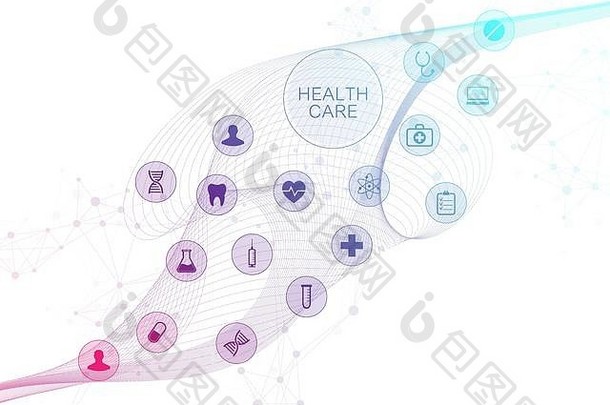 带有医疗保健图标的医学摘要背景。医疗技术网络概念。连接的线和点，波流，分子，DNA。医学的