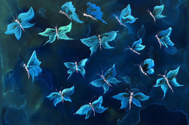飞行蓝色的蝴蝶一边擦技术软焦点效果由于改变表面粗糙度纸