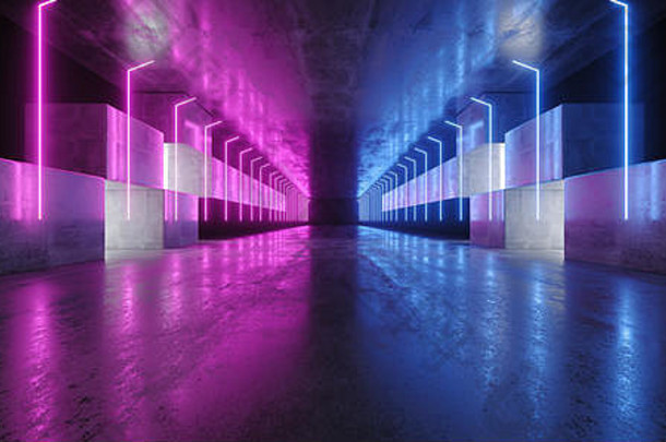 霓虹灯灯图形发光的紫色的蓝色的充满活力的虚拟sci未来主义的隧道工作室阶段建设车库讲台上宇宙飞船晚上黑暗混凝土