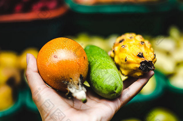 手持有异国情调的哥伦比亚水果食物市场摊位多汁的granadilla激情水果curuba火龙果龙水果