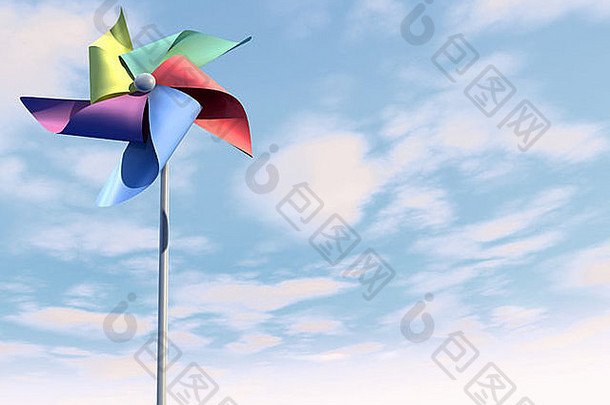 一个普通的玩具风车，有五个不同颜色的叶片，在蓝色和云的背景上