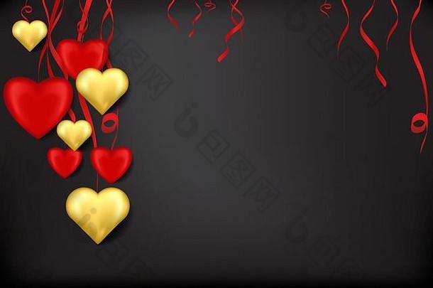 情人节贺卡，红色和金色<strong>立体心形</strong>，黑色背景上有丝带