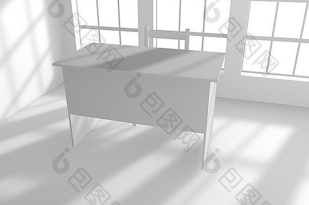 白色的桌子和椅子在一间空荡荡的白色房间里